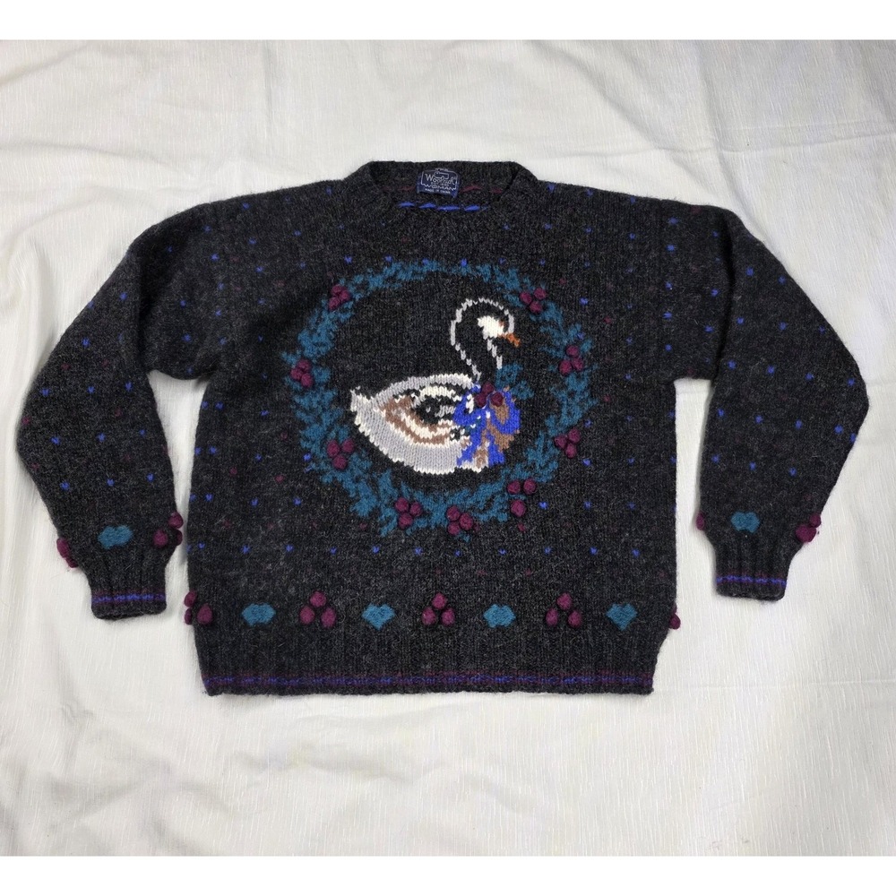 Woolrich Goose Sweater Womens Medium Christmas Gray Intarsia Wool Grandma Ugly